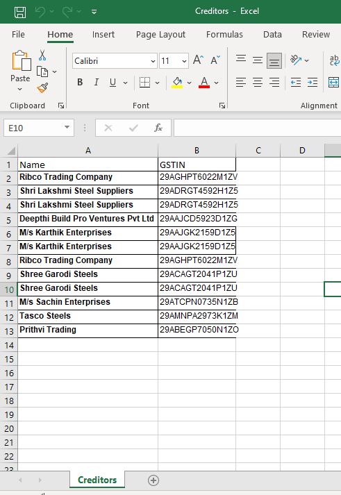 Screenshot of preparing creditors list
